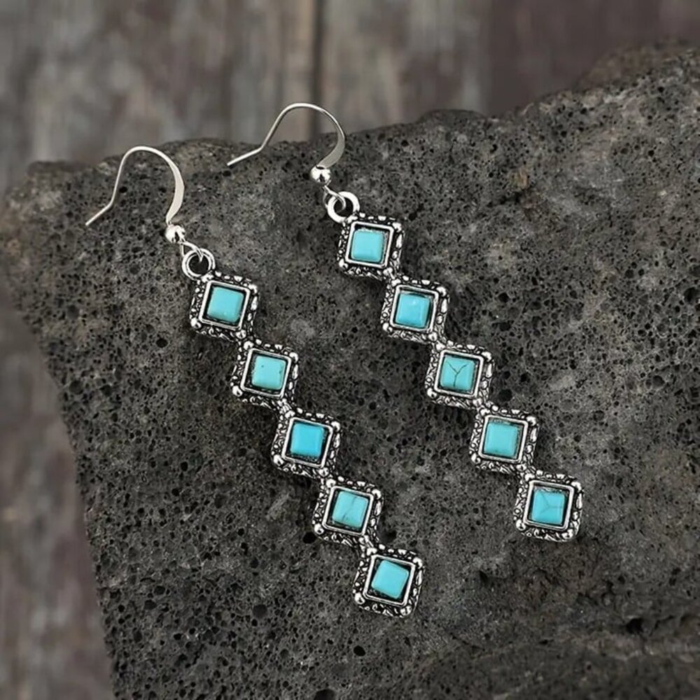 NEW retro long turquoise drop earrings, bohemian jewelry, BOHO turquoise jewelry - Picture 3 of 5